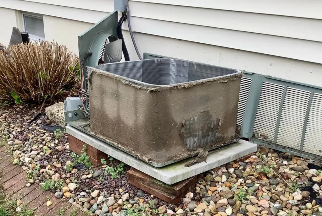 picture of outside A/C unit that is undergoing Air Conditioner Maintenance Collinsville IL