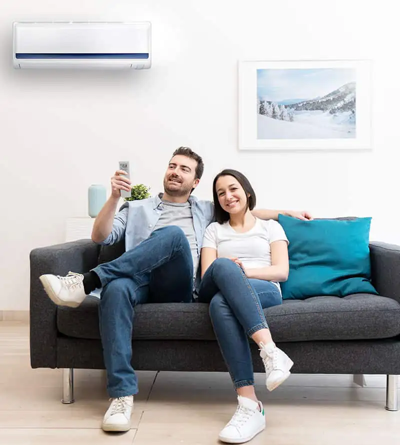 couple using an air conditioning system while sitting on a couch.