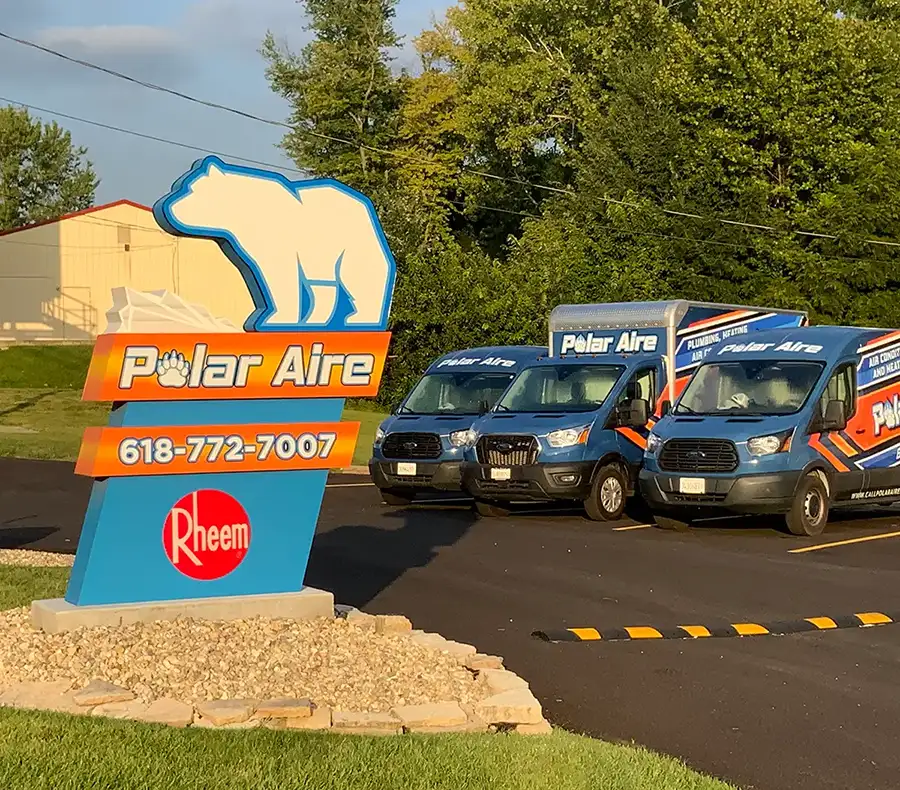 Polar Furnace and heating installation and replacement services near Granite City, IL, company vehicles parked in front of office