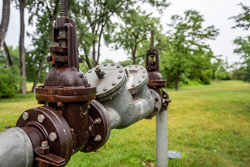 Up close picture of a backflow prevention system on the property of an O’Fallon, IL resident.