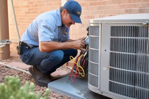 Technician using a tool to inspect an HVAC unit on the property of an O'Fallon, IL resident.