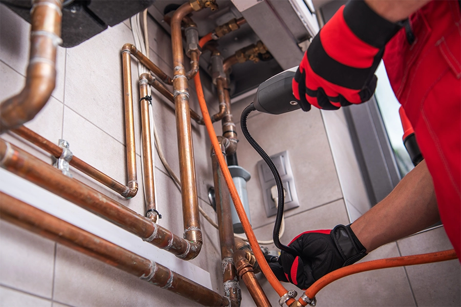 Technician with a gas leak detector standing next to pipes in an O’Fallon, IL home.