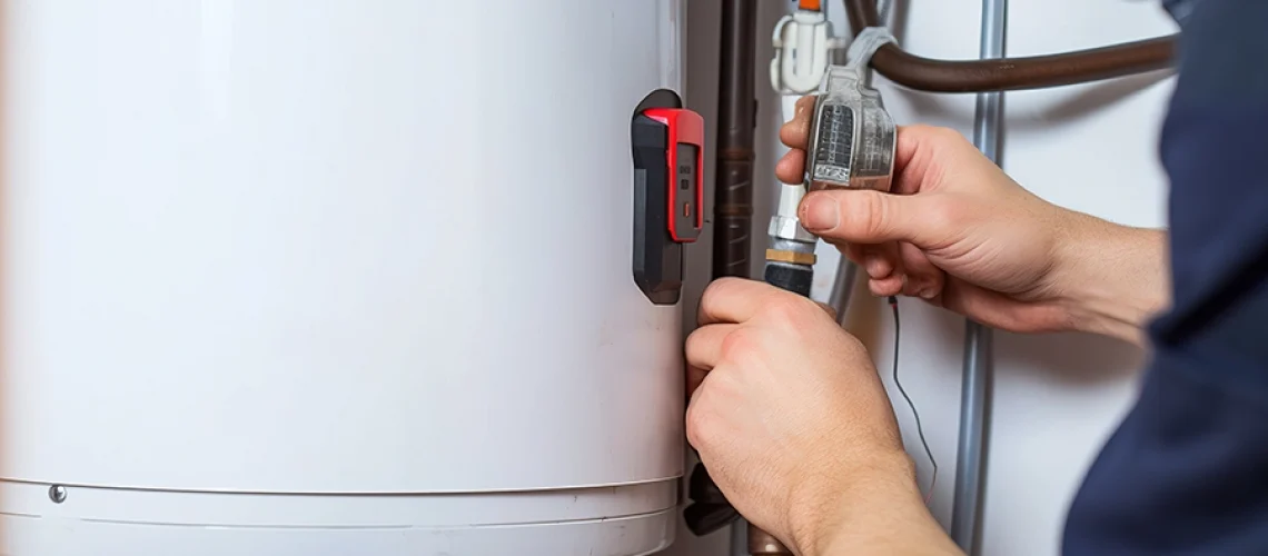 Technician providing maintenance to a water heater in the home of an O’Fallon, IL resident.