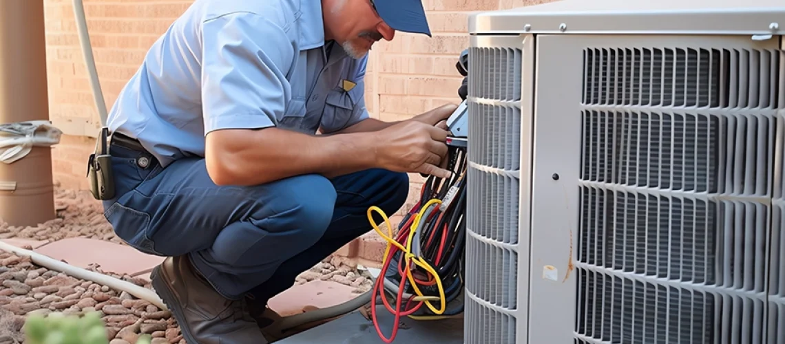 Technician using a tool to inspect an HVAC unit on the property of an O'Fallon, IL resident.